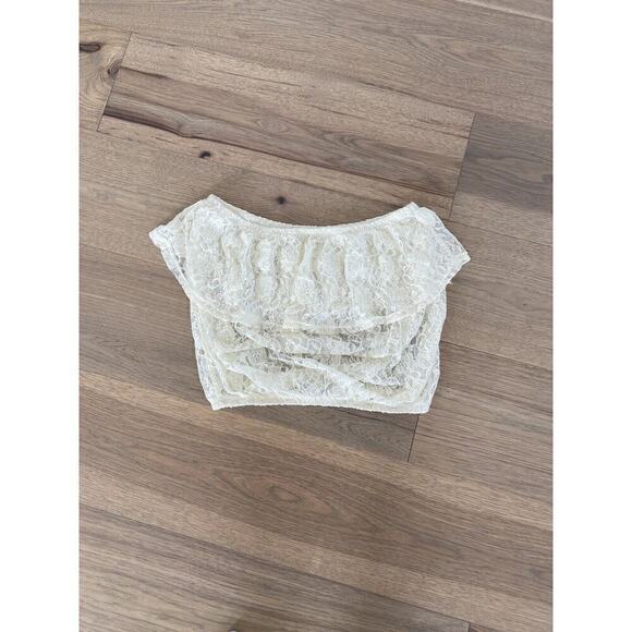 Forever 21 Womens Cream Lace Ruffle Tube Crop Top Size Medium - Picture 3 of 7